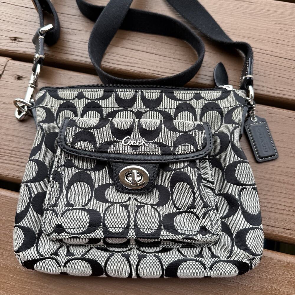 Coach Monogram Signature Swing Pack Bag Fabric Strap Gray Crossbody Purse 8"x7"